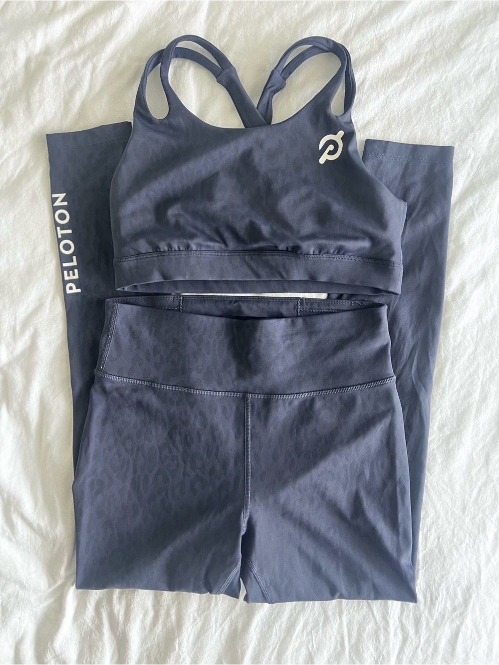 Peloton Navy Blue Leopard Workout Bra & Leggings Set